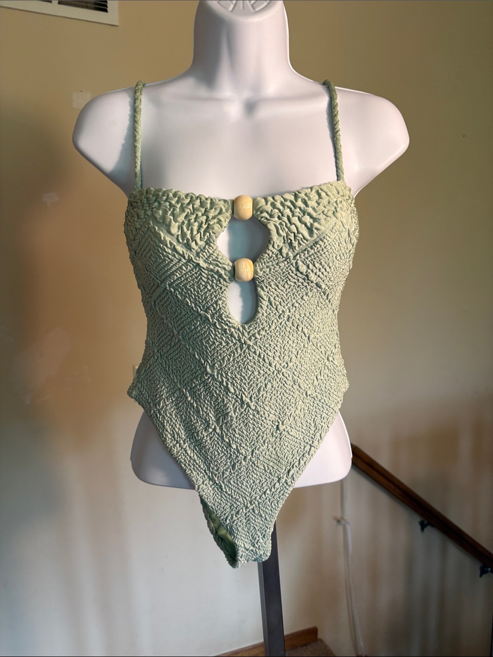 DEVON WINDSOR Sage Green Textured One-Piece with Wooden Beads